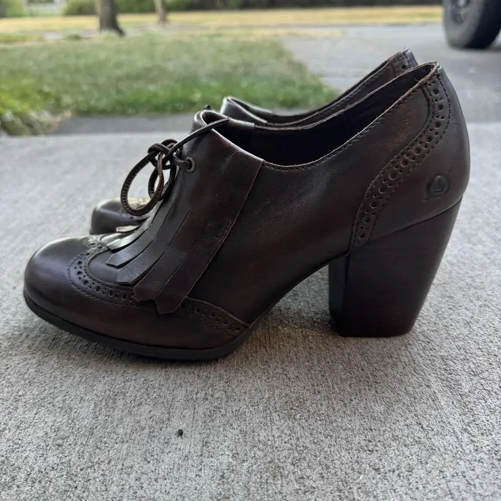 Born Brown Leather Kiltie Lace Up Pumps Womens 8.5 Block Heel Comfort Oxford